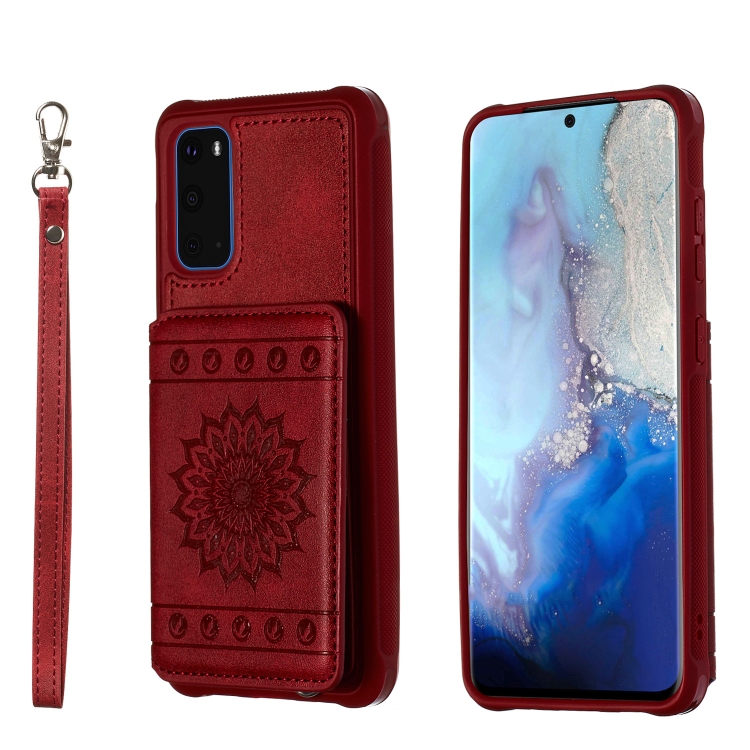 

For Galaxy S20 Sun Flower Pattern Embossed Horizontal Drop-proof Mobile Phone Case with Card Slots & Wallet & Photo Holder & Stand Function(Red)