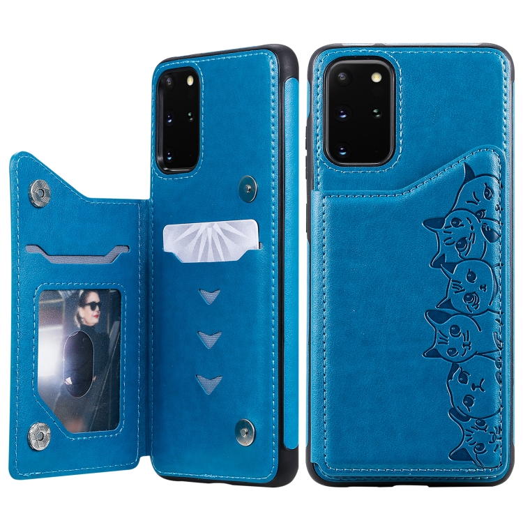 

For Galaxy S20 Plus Six Cats Embossing Pattern Shockproof Protective Case with Card Slots & Photo Frame(Blue)