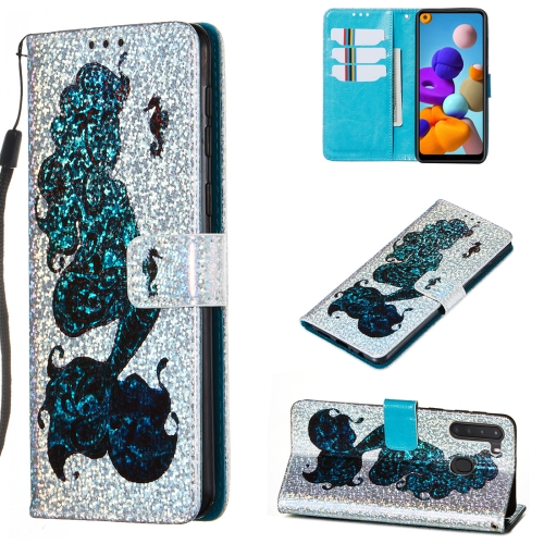 

For Galaxy A21 Glitter Pattern Leather Case With Left And Right With Bracket & Card slot & Wallet & Lanyard(Datura Flower)