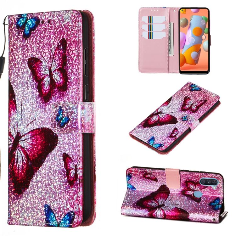 

For Galaxy A11 Glitter Pattern Leather Case With Left And Right With Bracket & Card slot & Wallet & Lanyard(Blue Butterfly)