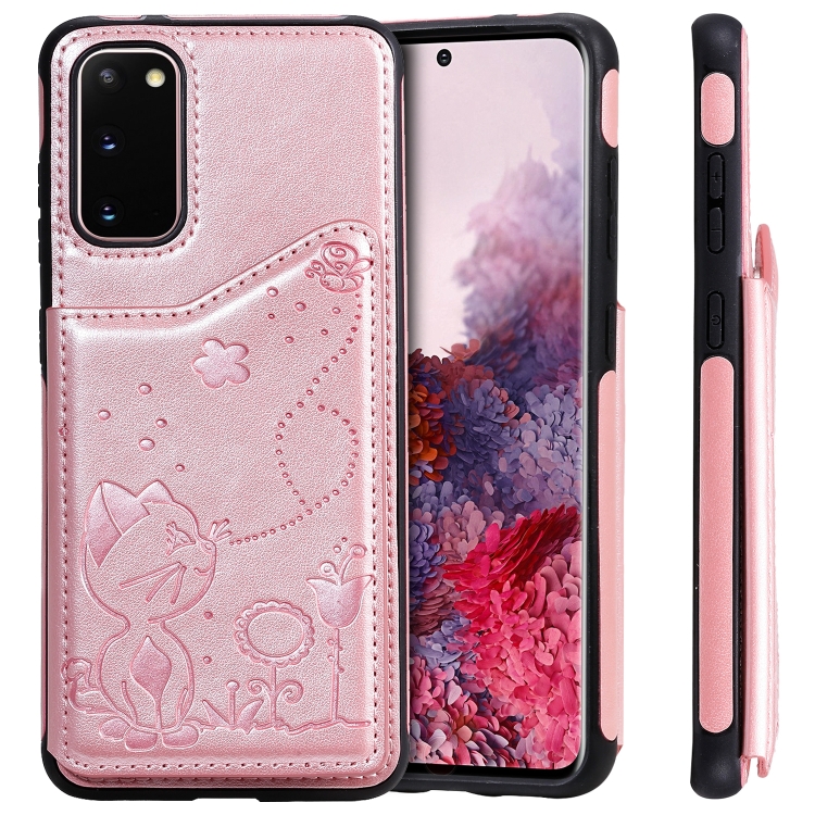 

For Galaxy S20 Cat Bee Embossing Pattern Shockproof Protective Case with Card Slots & Photo Frame(Rose Gold)