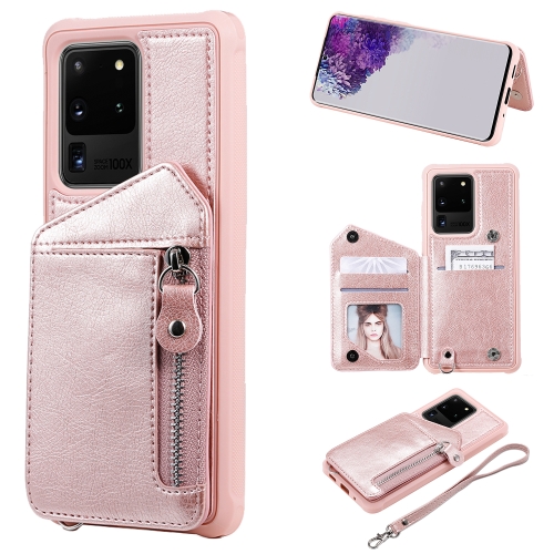 

For Galaxy S20 Ultra Zipper Double Buckle Shockproof Protective Case with Stand & Photo Holder & Wallet Function(Rose Gold)