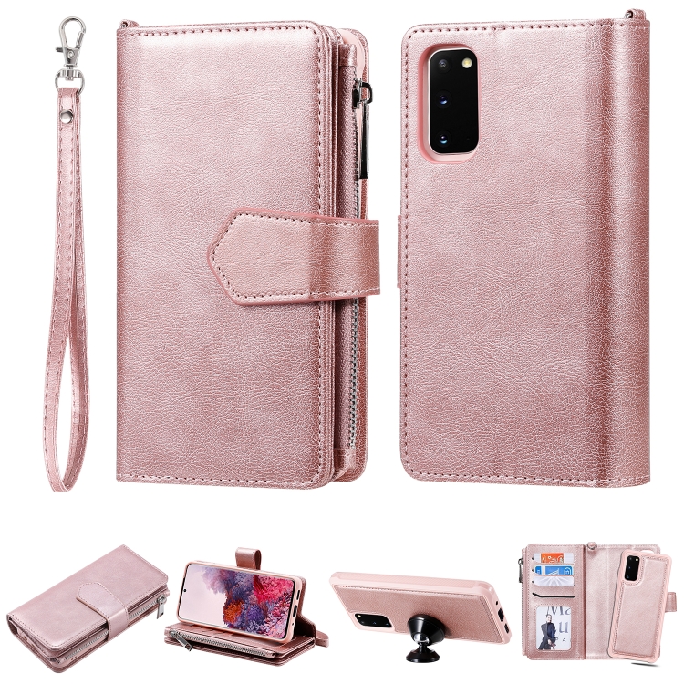 

For Galaxy S20 2 in 1 Solid Color Zipper Shockproof Protective Case with Card Slots & Bracket & Photo Holder & Wallet Function(Rose Gold)