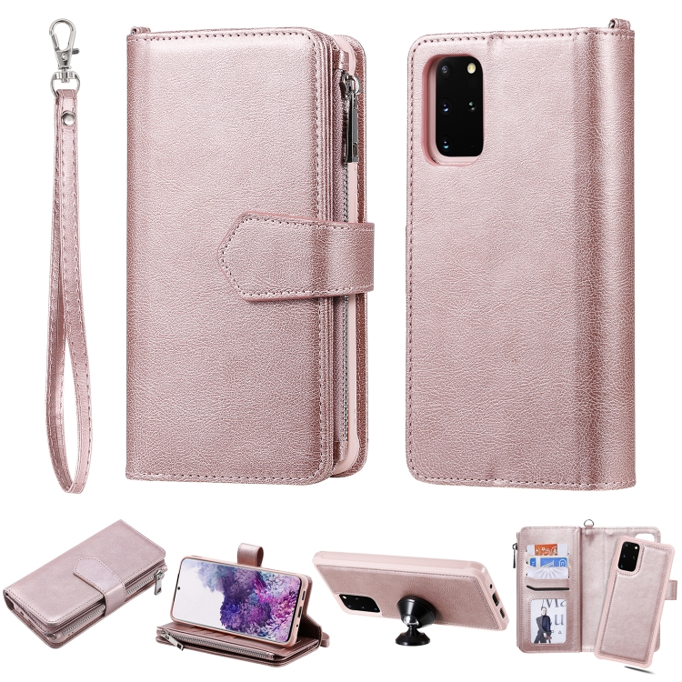 

For Galaxy S20+ 2 in 1 Solid Color Zipper Shockproof Protective Case with Card Slots & Bracket & Photo Holder & Wallet Function(Rose Gold)