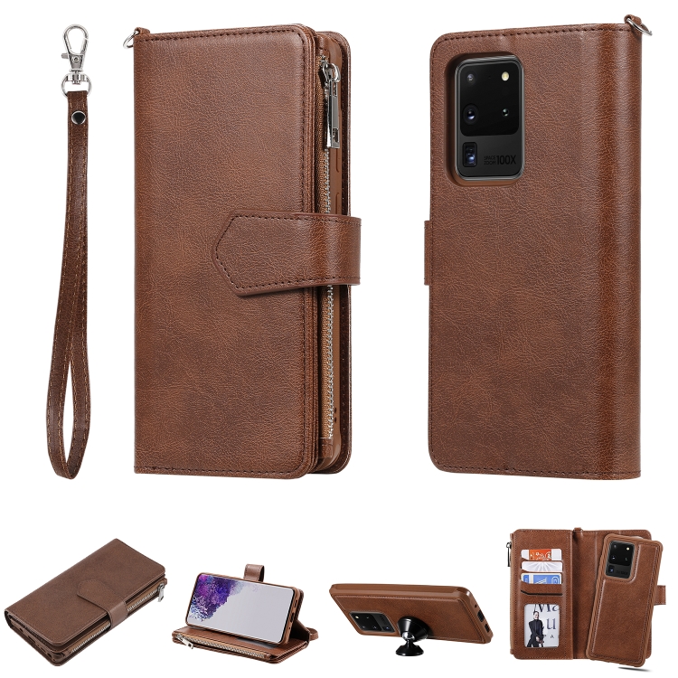 

For Galaxy S20 Ultra 2 in 1 Solid Color Zipper Shockproof Protective Case with Card Slots & Bracket & Photo Holder & Wallet Function(Brown)