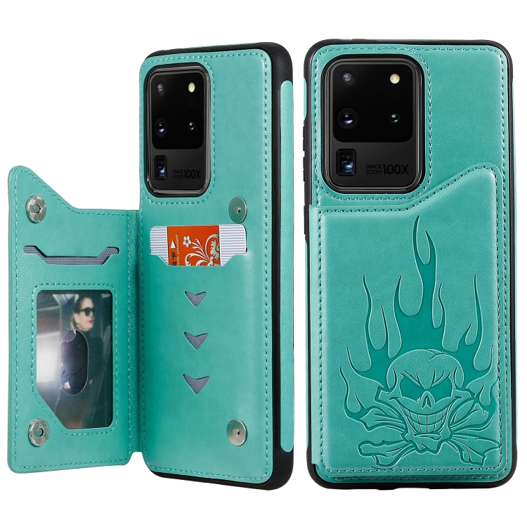 

For Galaxy S20 Ultra Skull Embossing Pattern Shockproof Protective Case with Card Slots & Photo Frame(Green)