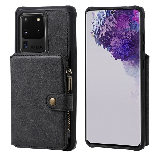 

For Galaxy S20 Ultra Zipper Shockproof Protective Case with Card Slots & Bracket & Photo Holder & Wallet Function(Black)