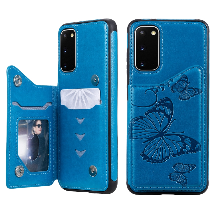 

For Galaxy S20 Butterfly Embossing Pattern Shockproof Protective Case with Holder & Card Slots & Photo Frame(Blue)