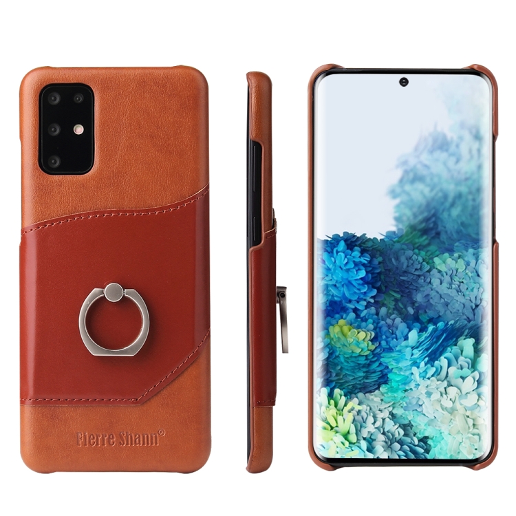 

For Galaxy S20+ Fierre Shann Oil Wax Texture Genuine Leather Back Cover Case with 360 Degree Rotation Holder & Card Slot(Brown)