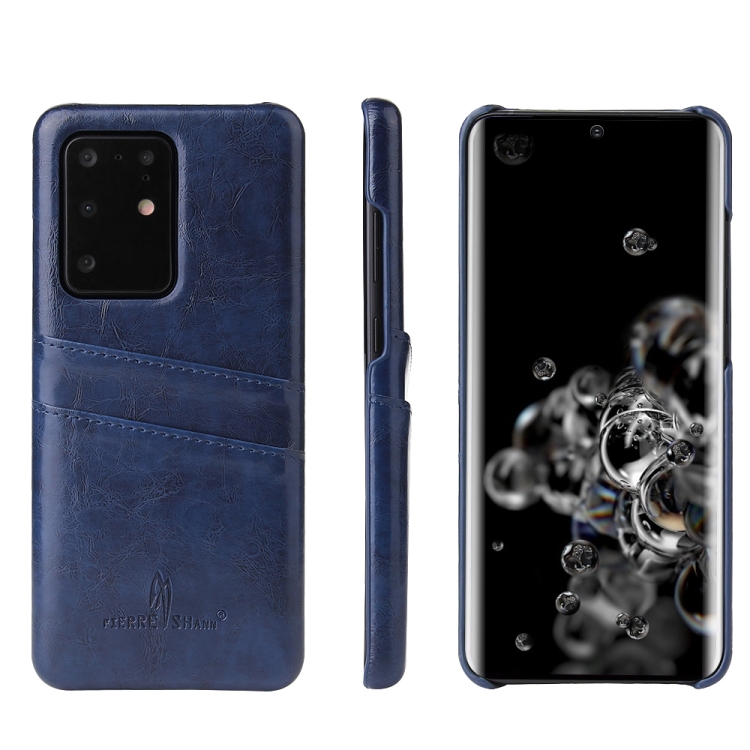 

For Galaxy S20 Ultra Fierre Shann Retro Oil Wax Texture PU Leather Case with Card Slots(Blue)