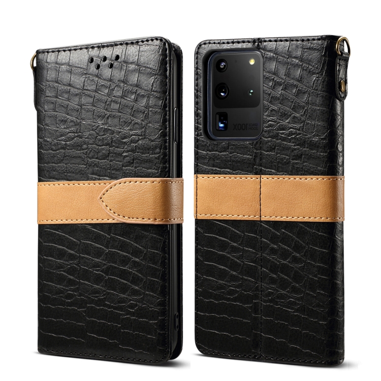 

For Galaxy S20 Ultra Splicing Color Crocodile Texture PU Horizontal Flip Leather Case with Wallet & Holder & Card Slots & Lanyard(Black)