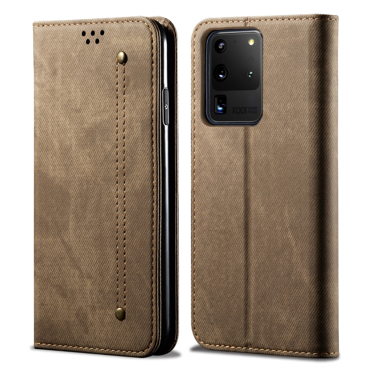 

For Galaxy S20 Ultra Denim Texture Casual Style Horizontal Flip Leather Case with Holder & Card Slots & Wallet(Khaki)