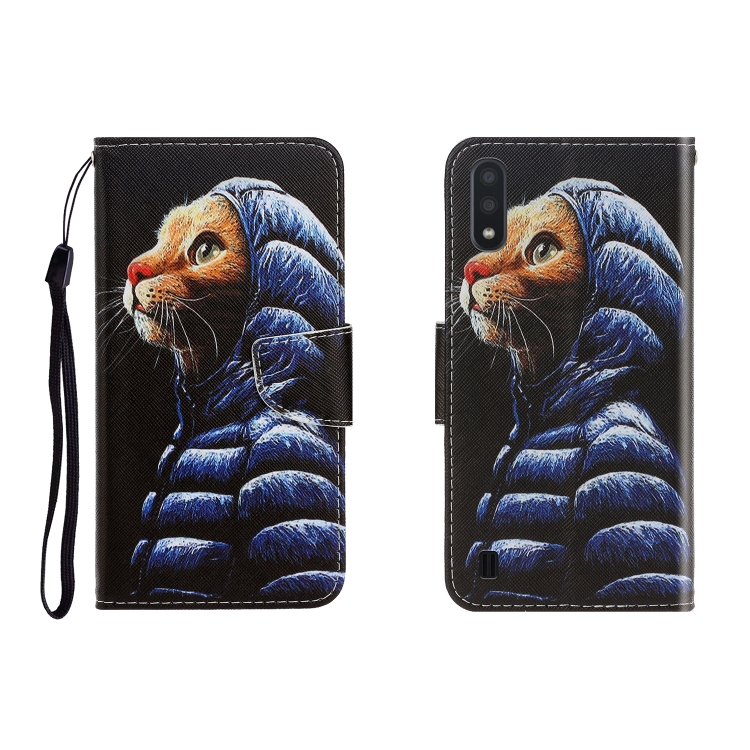 

For Galaxy A01 Colored Drawing Horizontal Flip Leather Case with Holder & Card Slot & Wallet(Down Jacket Cat)