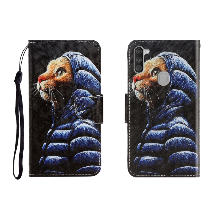 

For OPPO A11 Colored Drawing Horizontal Flip Leather Case with Holder & Card Slot & Wallet(Down Jacket Cat)
