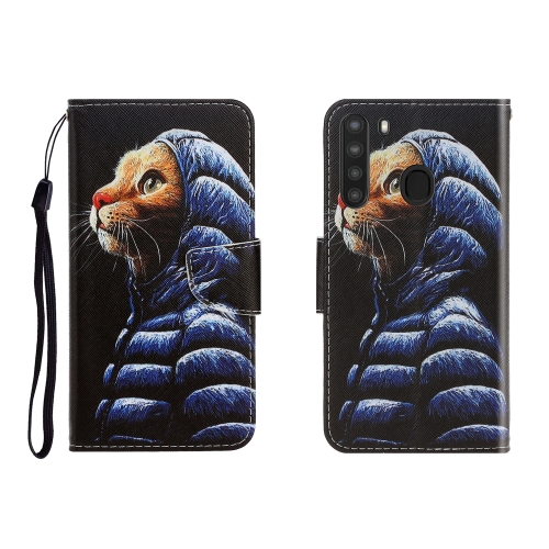 

For Galaxy A21 Colored Drawing Horizontal Flip Leather Case with Holder & Card Slot & Wallet(Down Jacket Cat)