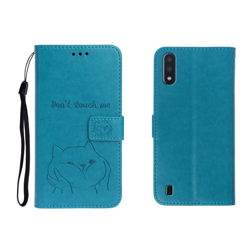 

For Galaxy A01 Embossed Shiba Inu Left and Right Leather Case with Stand & Card Slot & Sallet(Blue)