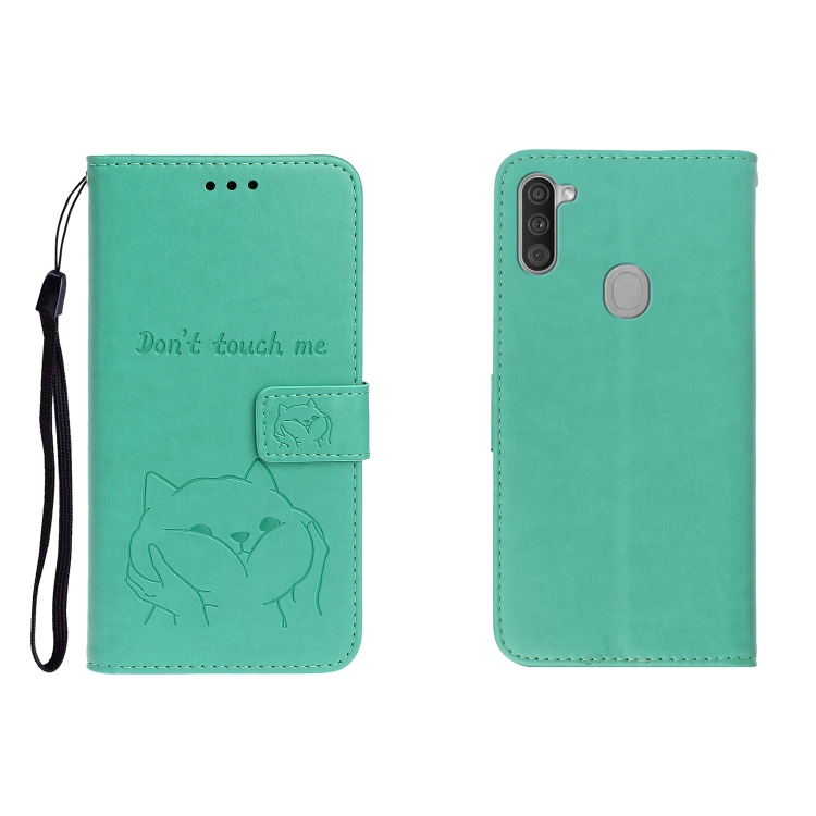 

For Galaxy A11 Embossed Shiba Inu Left and Right Leather Case with Stand & Card Slot & Sallet(Green)