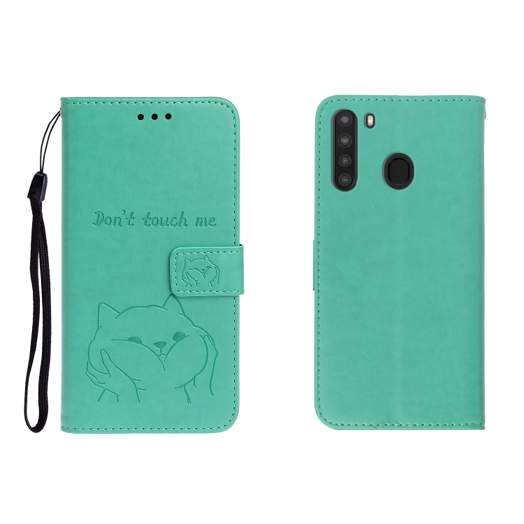 

For Galaxy A21 Embossed Shiba Inu Left and Right Leather Case with Stand & Card Slot & Sallet(Green)