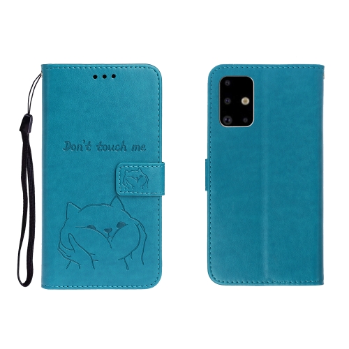 

For Galaxy A51 Embossed Shiba Inu Left and Right Leather Case with Stand & Card Slot & Sallet(Blue)