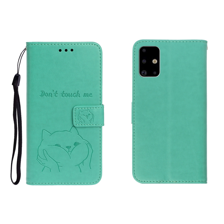 

For Galaxy A51 Embossed Shiba Inu Left and Right Leather Case with Stand & Card Slot & Sallet(Green)