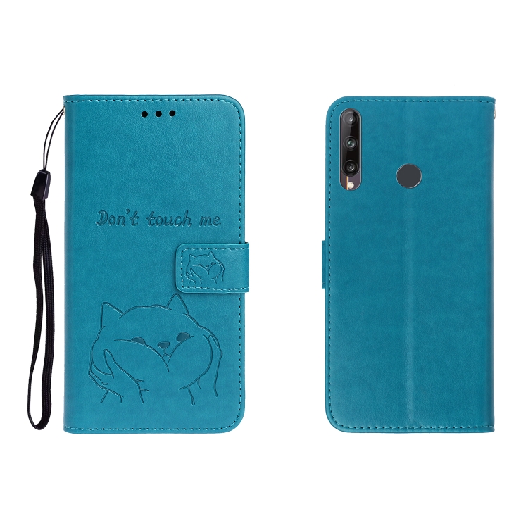 

For Huawei P40 Lite E Embossed Shiba Inu Left and Right Leather Case with Stand & Card Slot & Sallet(Blue)