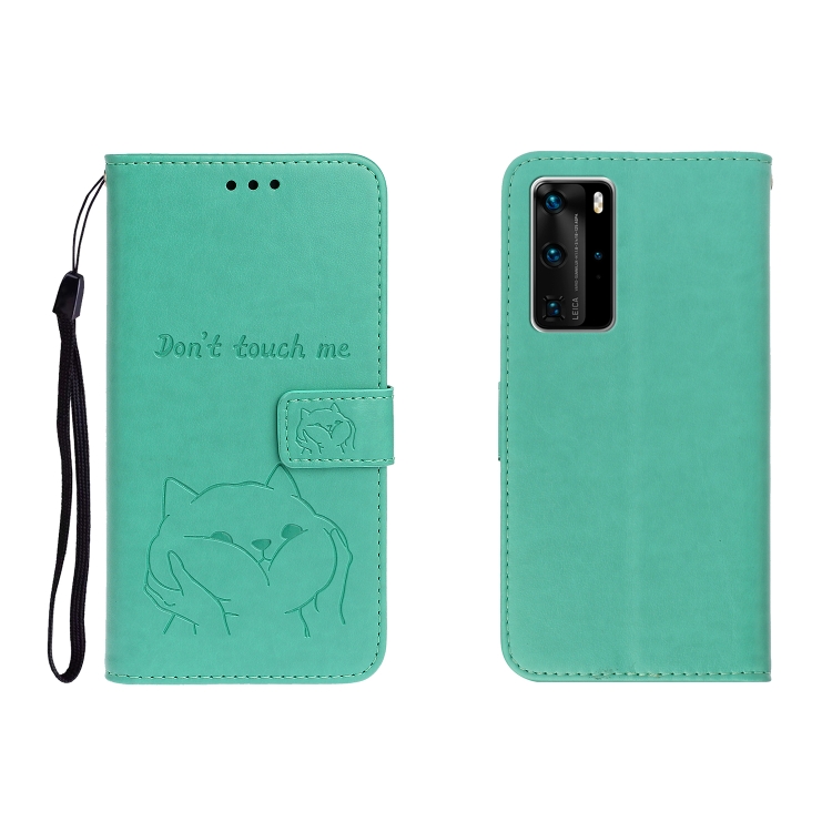 

For Huawei P40 Pro Embossed Shiba Inu Left and Right Leather Case with Stand & Card Slot & Sallet(Green)