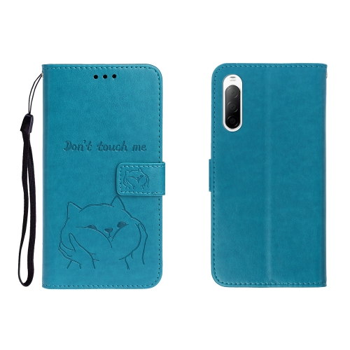 

For Sony Xperia 10 II Embossed Shiba Inu Left and Right Leather Case with Stand & Card Slot & Sallet(Blue)