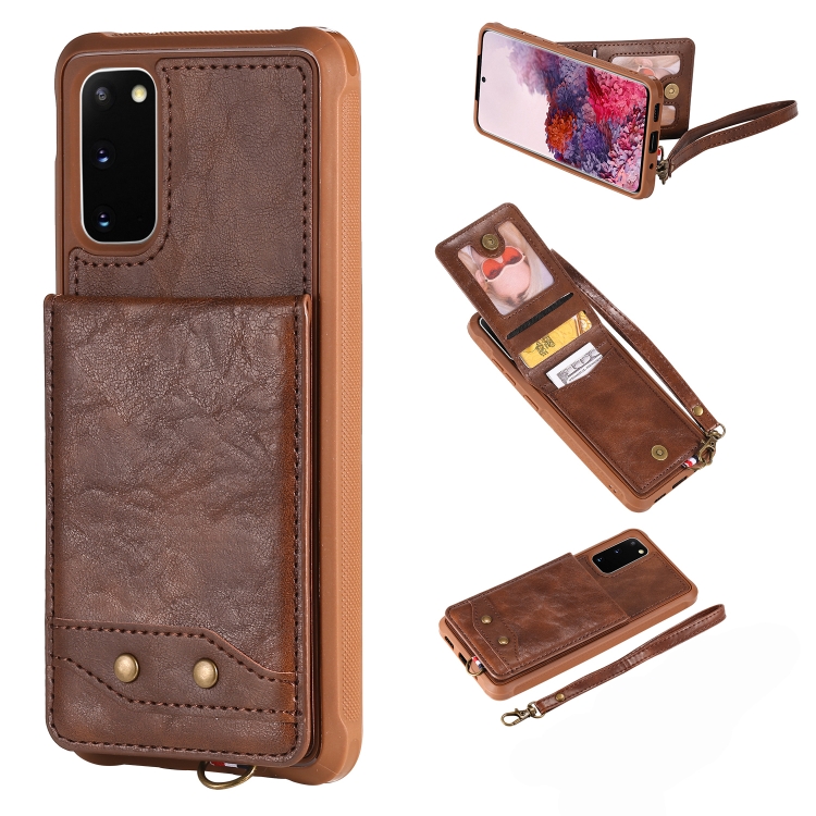

For Galaxy S20 Vertical Flip Shockproof Leather Protective Case with Short Rope, Support Card Slots & Bracket & Photo Holder & Wallet Function(Coffee)