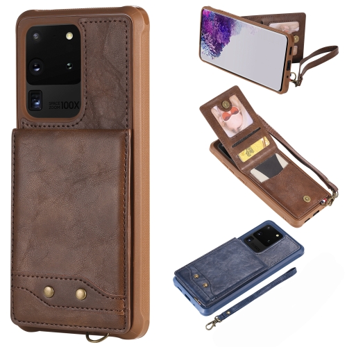 

For Galaxy S20 Ultra Vertical Flip Shockproof Leather Protective Case with Short Rope, Support Card Slots & Bracket & Photo Holder & Wallet Function(Coffee)