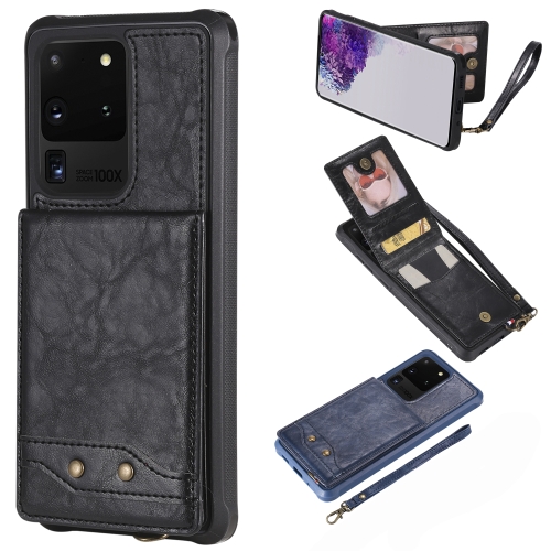 

For Galaxy S20 Ultra Vertical Flip Shockproof Leather Protective Case with Short Rope, Support Card Slots & Bracket & Photo Holder & Wallet Function(Black)