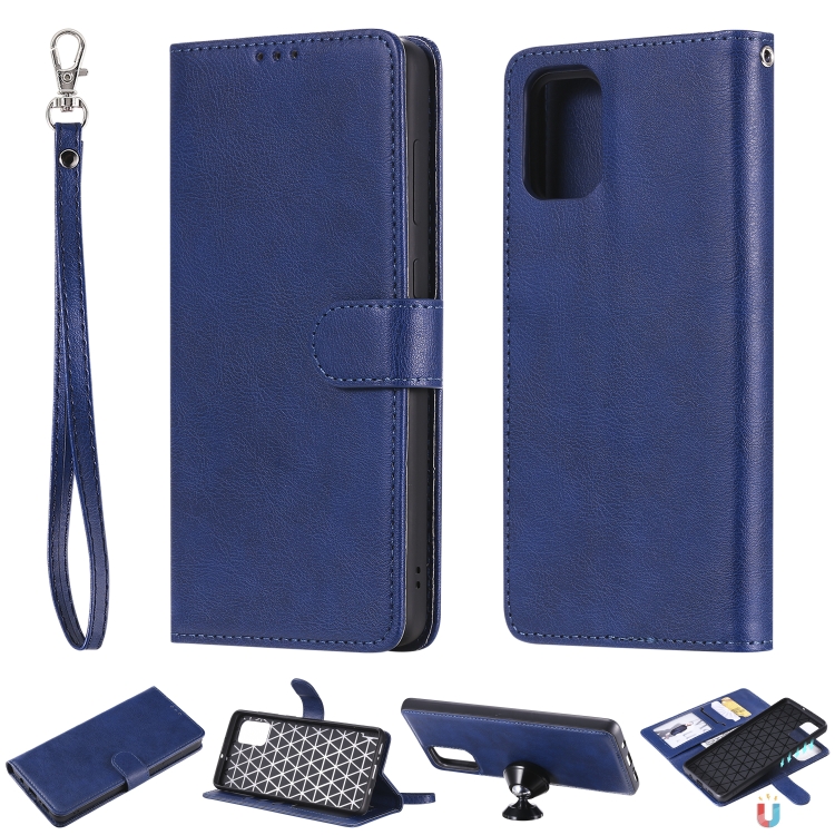 

For Galaxy A71 2 in 1 Solid Color Detachable PU Leather Case with Card Slots & Magnetic Holder & Photo Frame & Wallet & Strap(Blue)