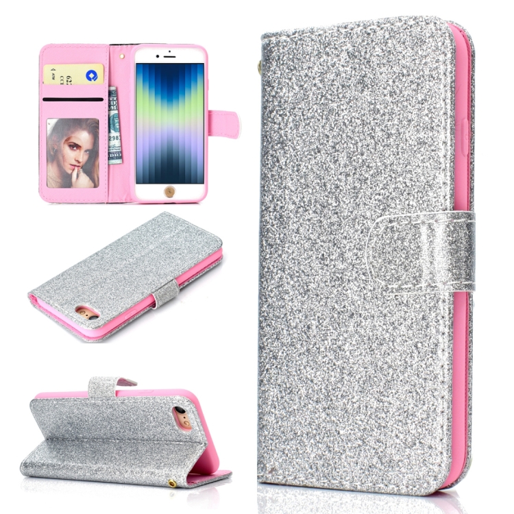 

For iPhone SE 2020 Glitter Powder Horizontal Flip Leather Case with Card Slots & Holder & Photo Frame & Wallet(Silver)