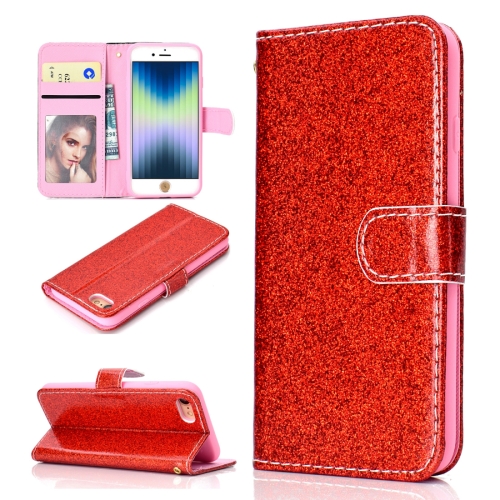 

For iPhone SE (2020) Glitter Powder Horizontal Flip Leather Case with Card Slots & Holder & Photo Frame & Wallet(Red)