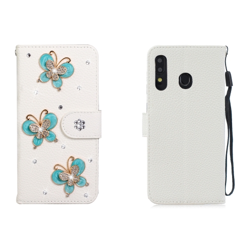 

For Galaxy A20 / A30 Horizontal Flip Solid Color Rhinestones Leather Case with Card Slot & Wallet & Holder(Three Butterflies)