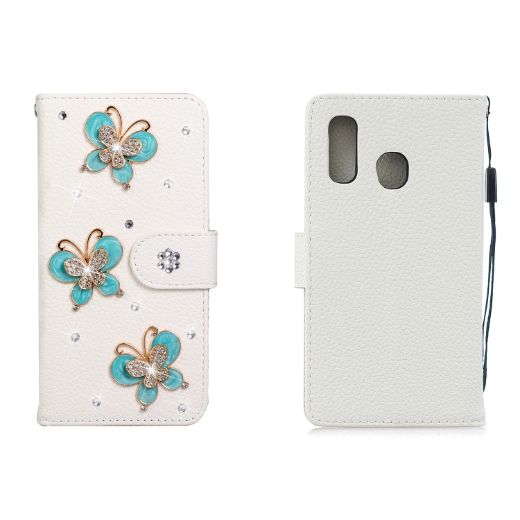 

For Galaxy A20E Horizontal Flip Solid Color Rhinestones Leather Case with Card Slot & Wallet & Holder(Three Butterflies)