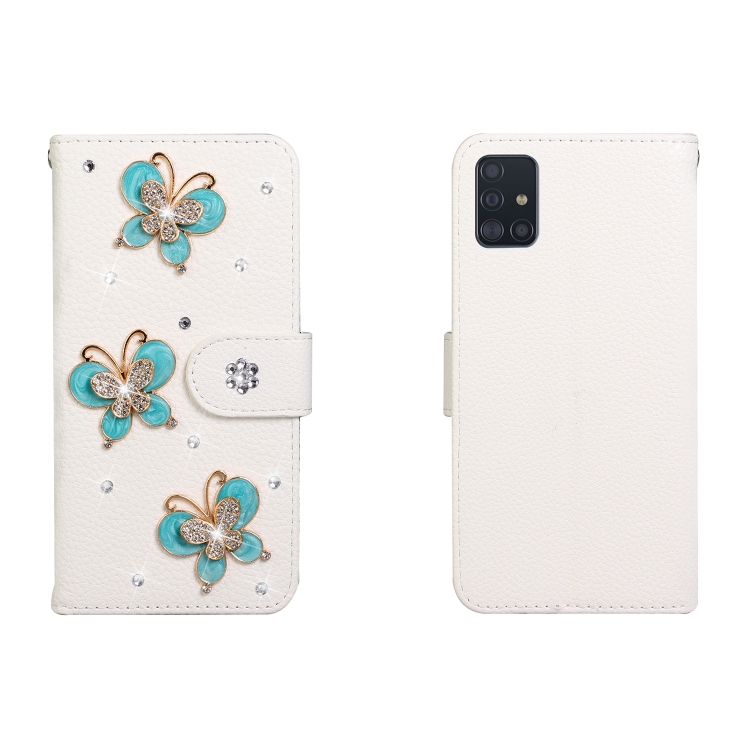 

For Galaxy A51 Horizontal Flip Solid Color Rhinestones Leather Case with Card Slot & Wallet & Holder(Three Butterflies)