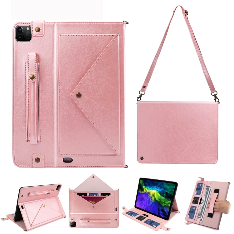 

For iPad Pro 12.9 (2020) Envelope Horizontal Flip PU Leather Case with Card Slots & Pen Slots & Holder & Wallet & Photo Frame & Shoulder Strap(Rose Gold)