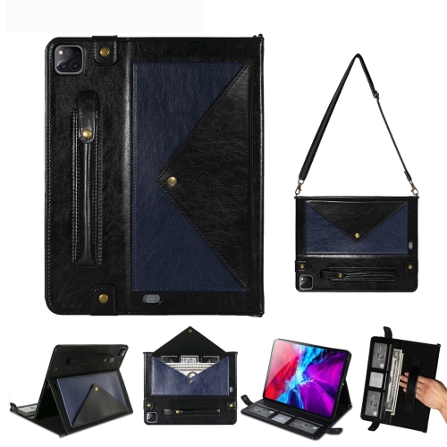 

For iPad Pro 12.9 (2020) Envelope Color Matching Horizontal Flip PU Leather Case with Card Slots & Pen Slots & Holder & Wallet & Photo Frame & Shoulder Strap(Black + Blue)