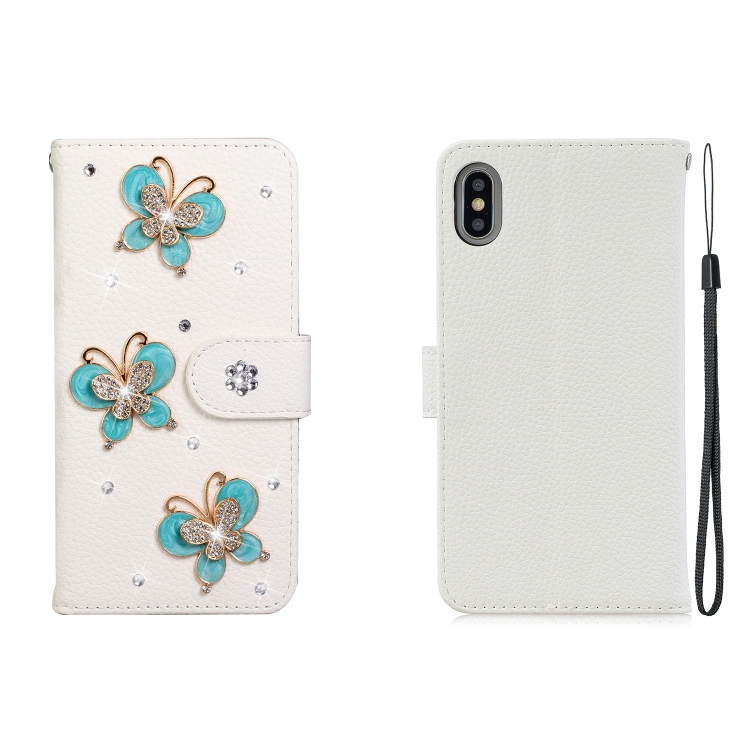 

For iPhone XS Max Horizontal Flip Solid Color Rhinestones Leather Case with Card Slot & Wallet & Holder(Three Butterflies)