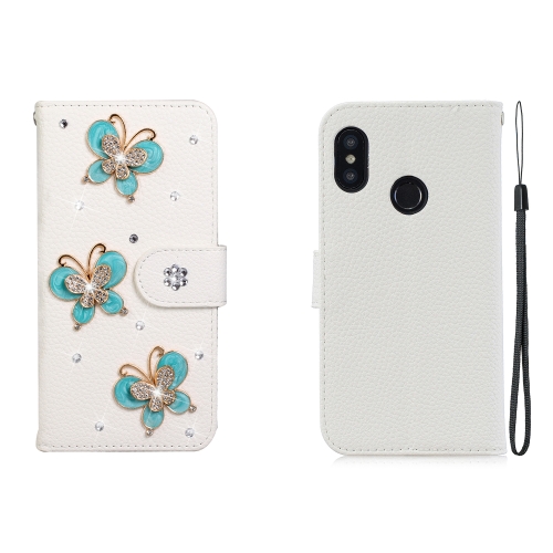 

For Xiaomi Redmi 6 Pro Horizontal Flip Solid Color Rhinestones Leather Case with Card Slot & Wallet & Holder(Three Butterflies)