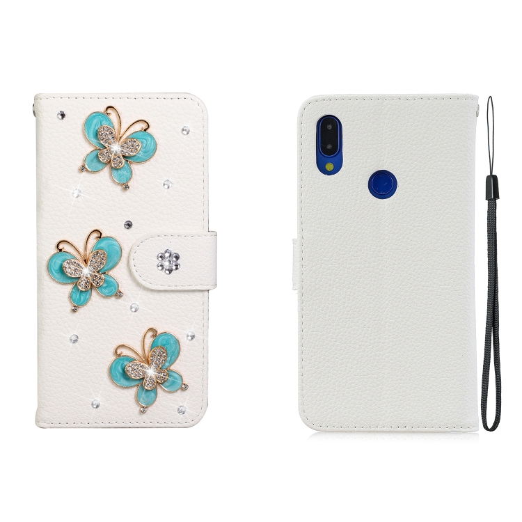 

For Xiaomi Redmi Note 7 Horizontal Flip Solid Color Rhinestones Leather Case with Card Slot & Wallet & Holder(Three Butterflies)