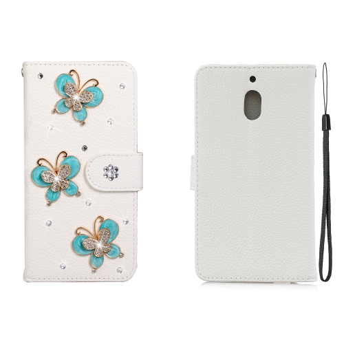 

For Nokia 2.1 Horizontal Flip Solid Color Rhinestones Leather Case with Card Slot & Wallet & Holder(Three Butterflies)