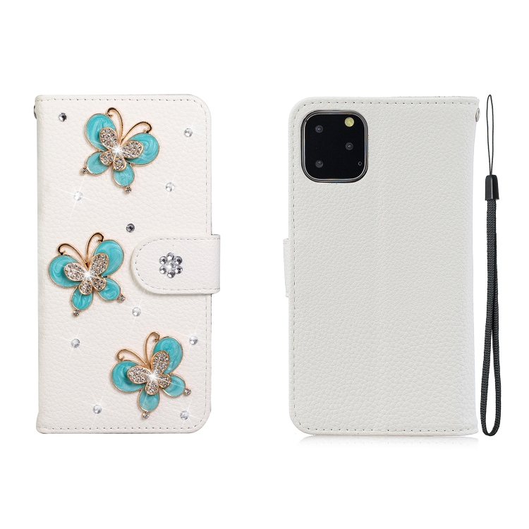 

For iPhone 11 Pro Max Horizontal Flip Solid Color Rhinestones Leather Case with Card Slot & Wallet & Holder(Three Butterflies)