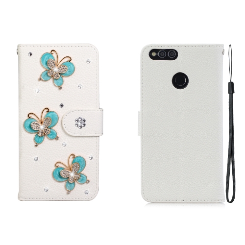 

For Huawei Honor 7X Horizontal Flip Solid Color Rhinestones Leather Case with Card Slot & Wallet & Holder(Three Butterflies)