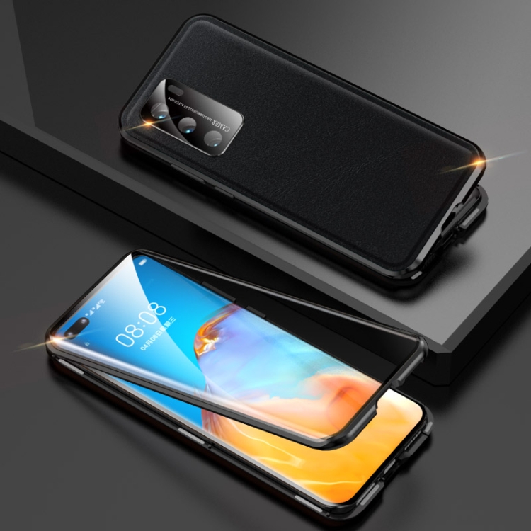 

For Huawei P40 Shockproof Magnetic Attraction Leather Backboard + Tempered Glass Case with Camera Lens Protector Cover(Black)