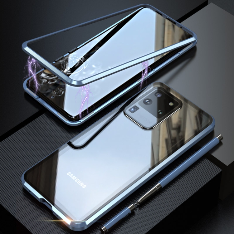 

For Galaxy S20 Ultra Shockproof Single-sided Tempered Glass Magnetic Attraction Case with Black Camera Lens Protector Cover(Light Blue)
