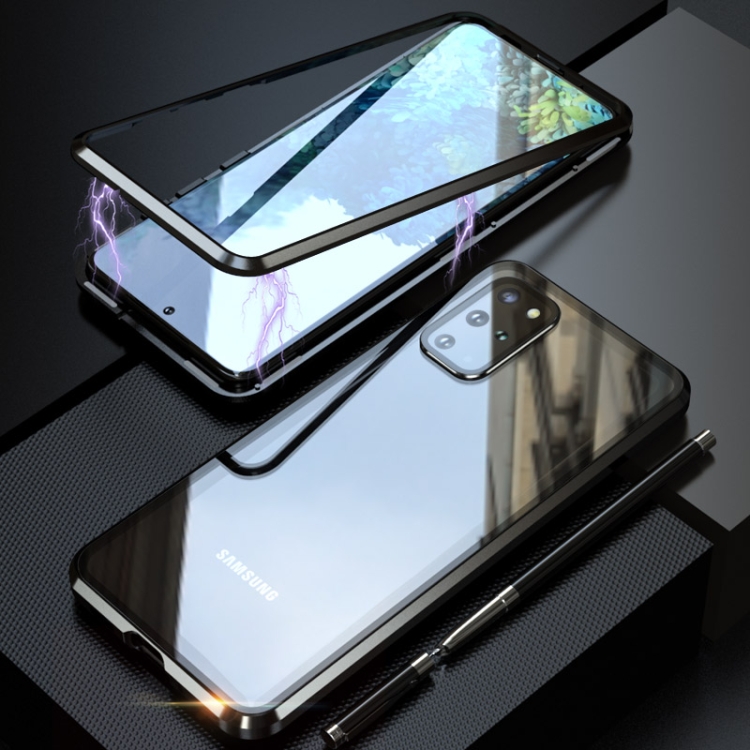 

For Galaxy S20+ Shockproof Single-sided Tempered Glass Magnetic Attraction Case with Black Camera Lens Protector Cover(Black)
