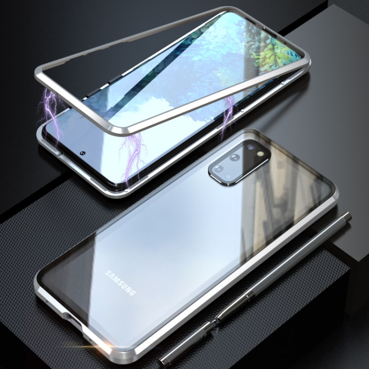 

For Galaxy S20 Shockproof Single-sided Tempered Glass Magnetic Attraction Case with Black Camera Lens Protector Cover(Silver)