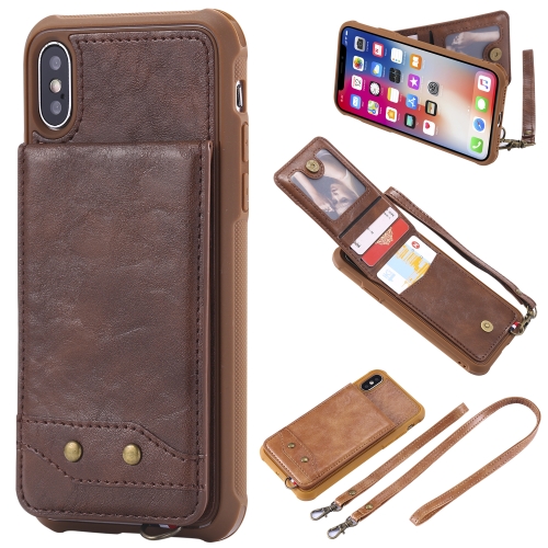 

For iPhone XS / X Vertical Flip Shockproof Leather Protective Case with Long Rope, Support Card Slots & Bracket & Photo Holder & Wallet Function(咖啡)