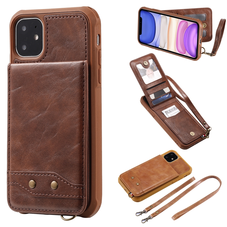 

For iPhone 11 Vertical Flip Shockproof Leather Protective Case with Long Rope, Support Card Slots & Bracket & Photo Holder & Wallet Function(咖啡)